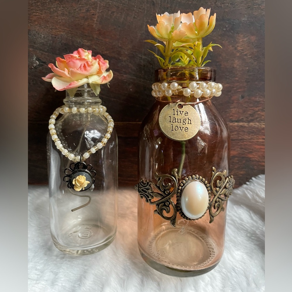 Decorative Pink and Cream Floral Accent Bottles with Pearl Trim
